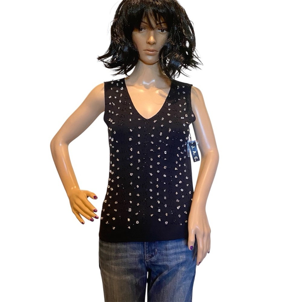 J.A.C. Beautiful Beaded V-Neck Sleeveless Black Sweater Top Size Medium NWT